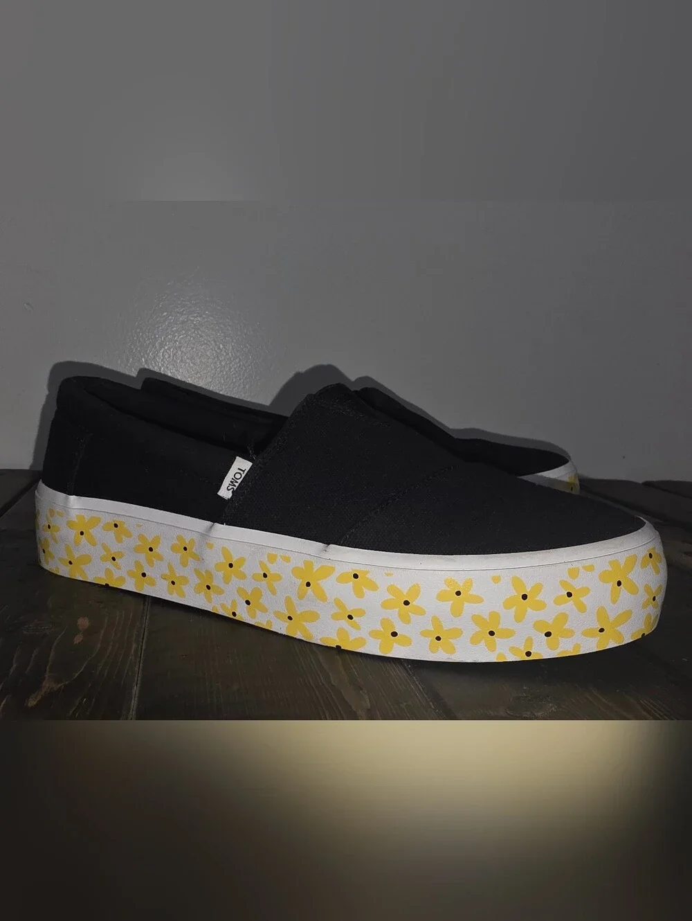 TOMS Black Slip-On Shoes with Yellow Floral Platform